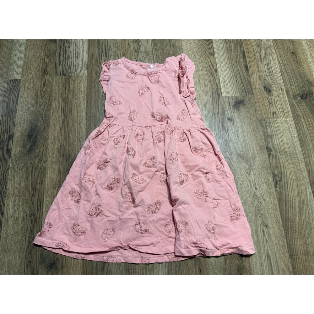 H&M Dress Girls Size 6-8Y Pink Fit & Flare Organic Cotton Glitter Unicorn